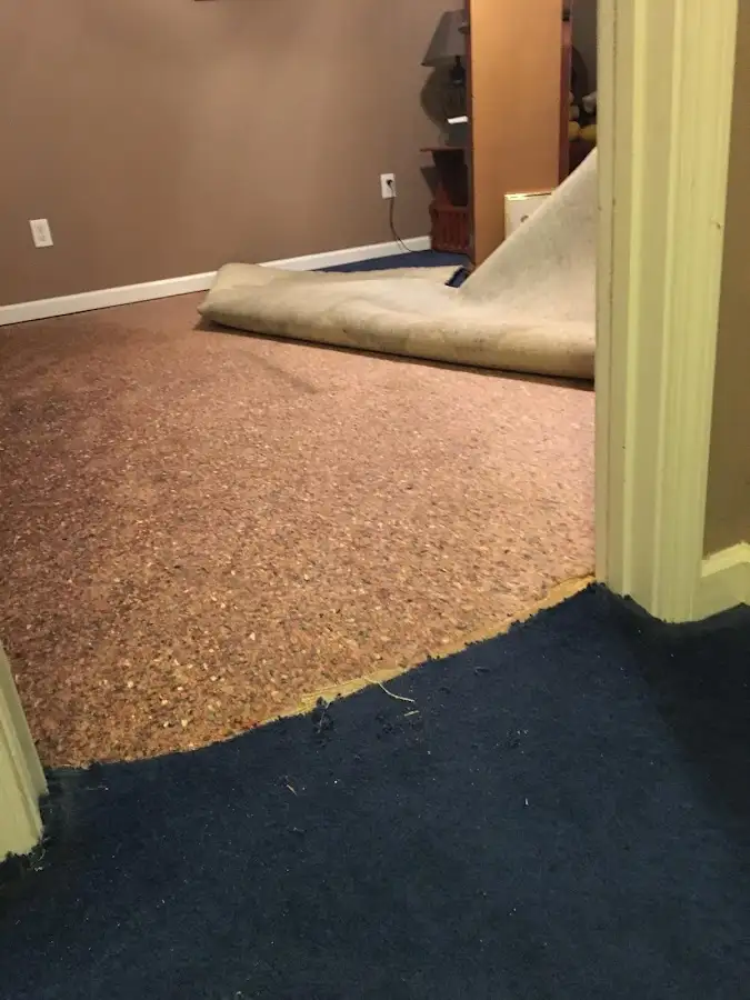 Carpet pad removal revealing water damage during Water Mitigation Services in Fate